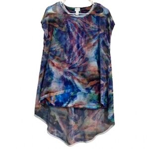 Chico’s Women’s Vibrant Multi “Watercolor” Abstract Print Mesh Hi-Lo Top Sz-S